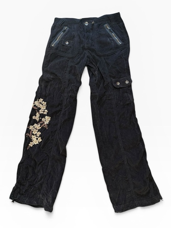 Faded Glory Denim - Vintage Black velvet cargo pants with floral embroidery, waist 30”